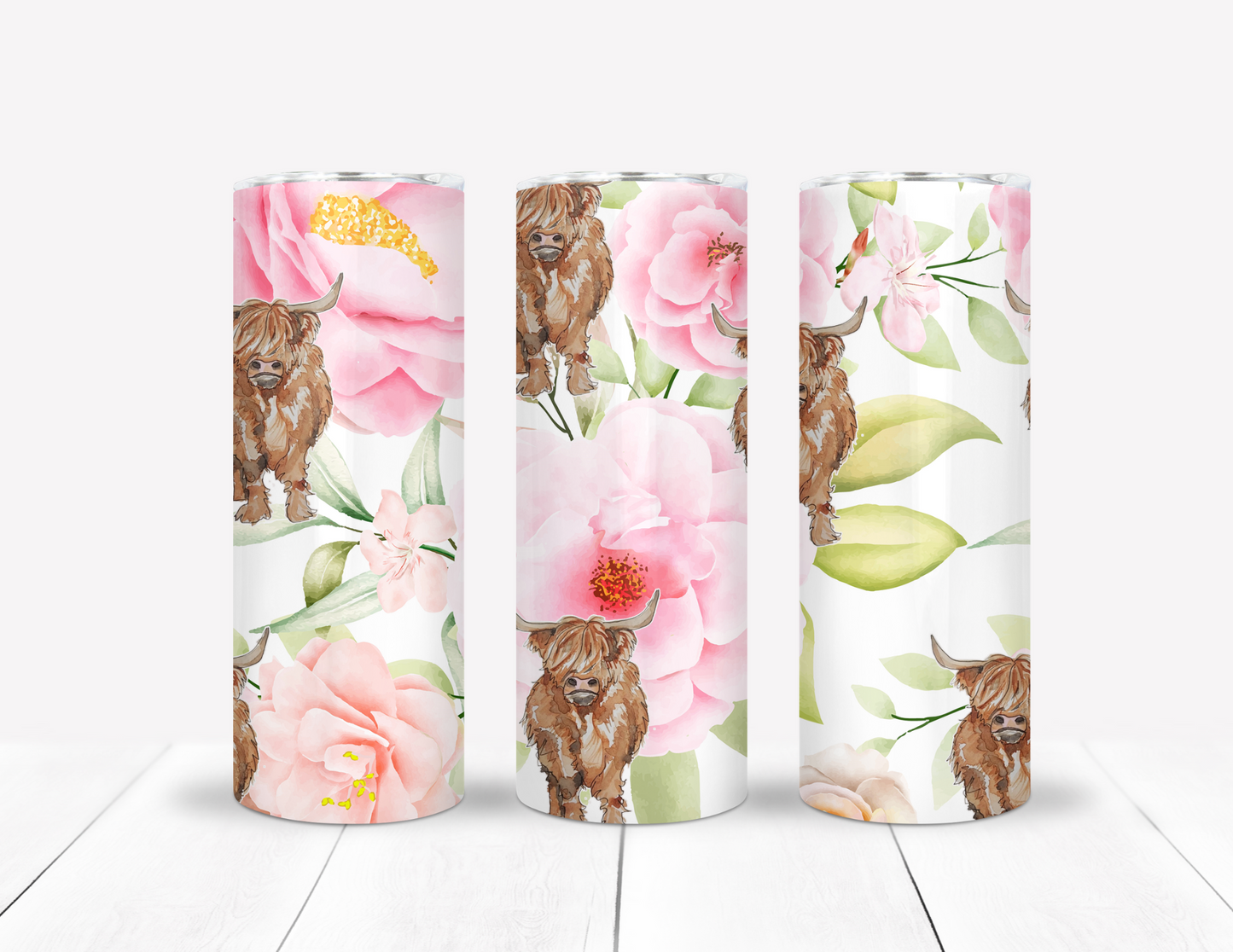 Pink Floral Highland Cow Tumbler