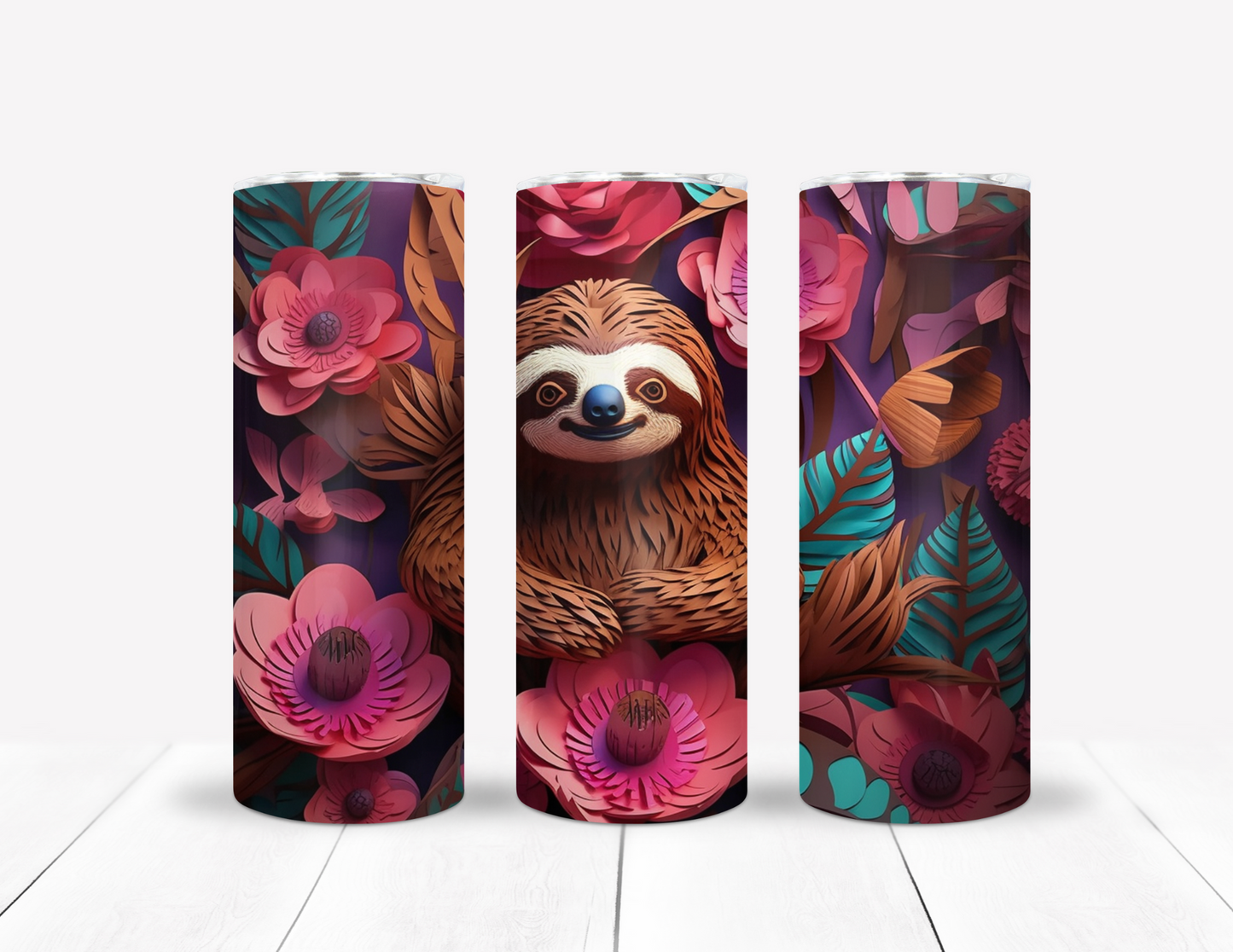 Sloth With Pink Flowers 3D Tumbler