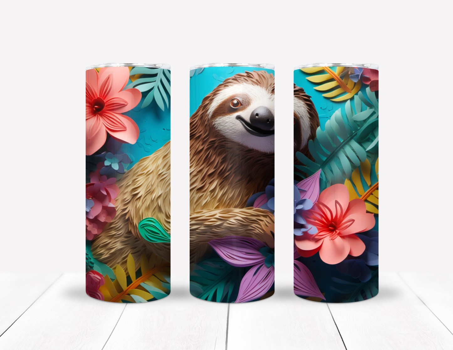 Sloth With Tropical Pink Flowers 3D Tumbler