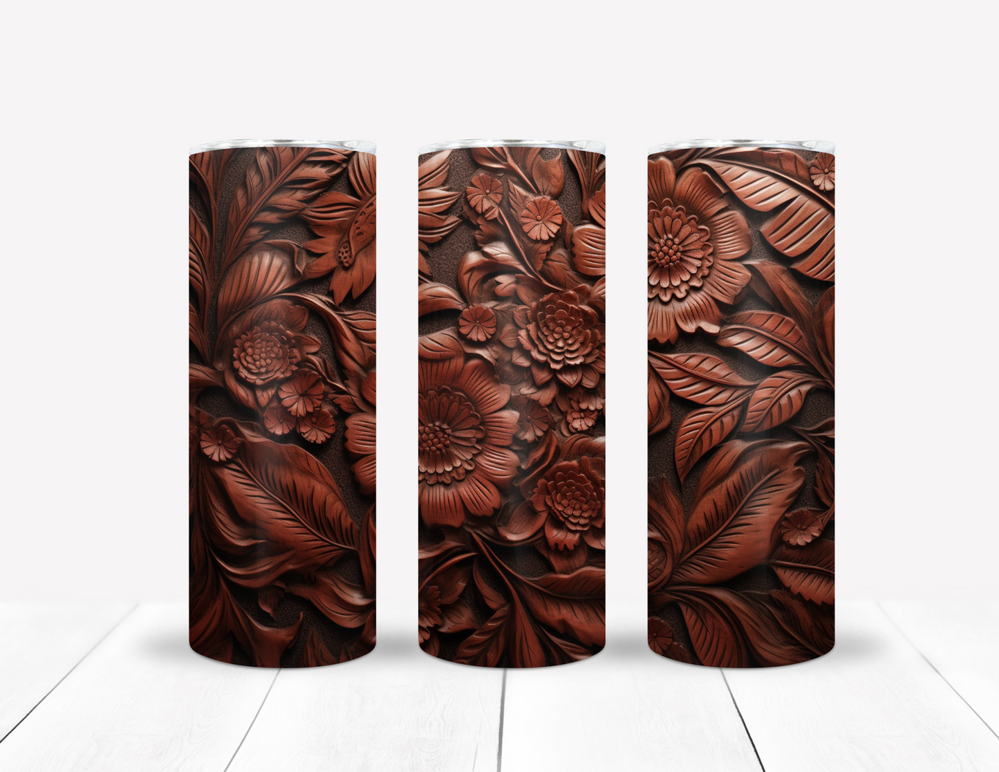 Floral Brown Tooled Leather Designl Tumbler