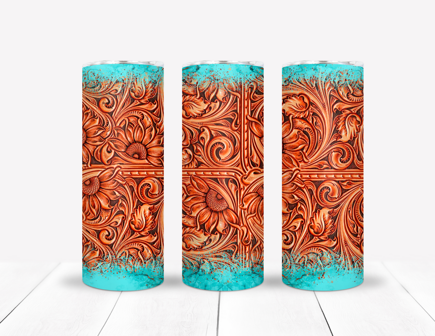 Turquoise & Faux Leather Floral Tumbler