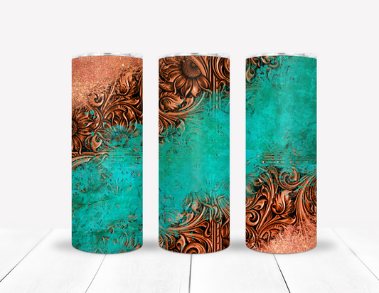 Teal & Faux Leather Floral Tumbler