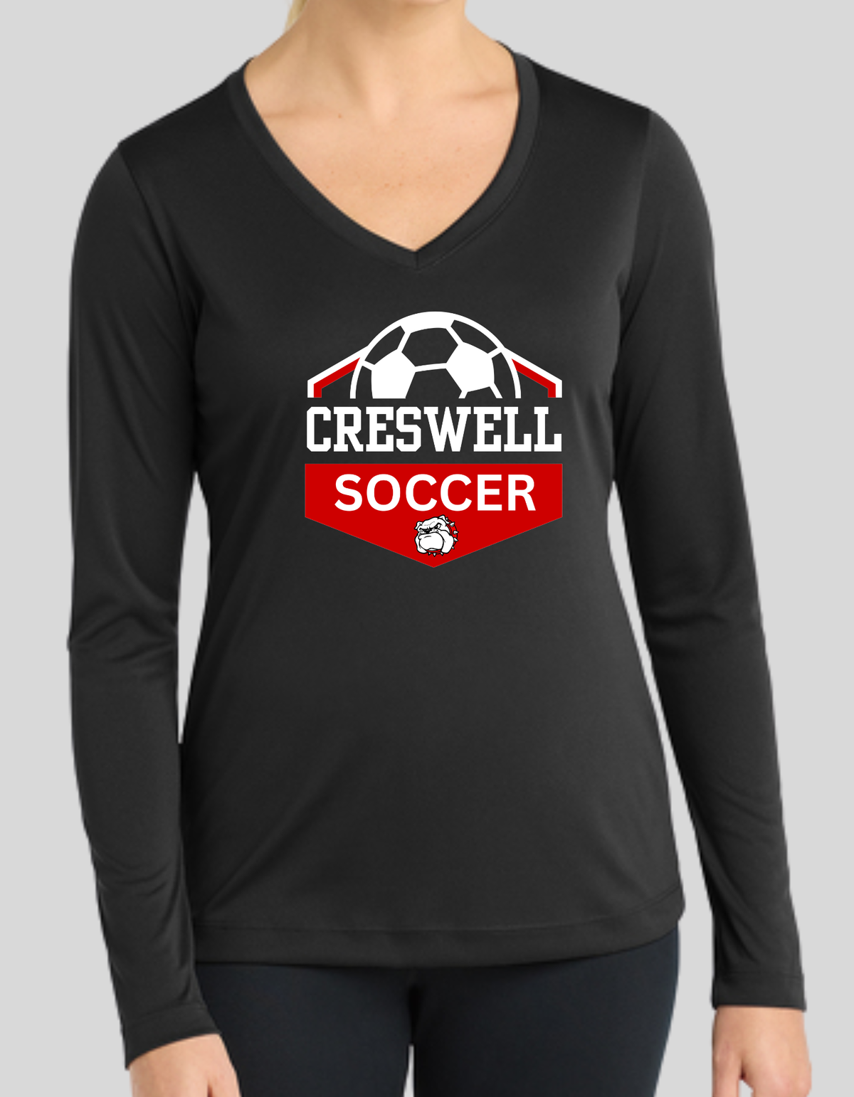CRESWELL SOCCER-WOMENS LONG SLEEVED COMPETITOR V-NECK BLACK TEE DESIGN #1
