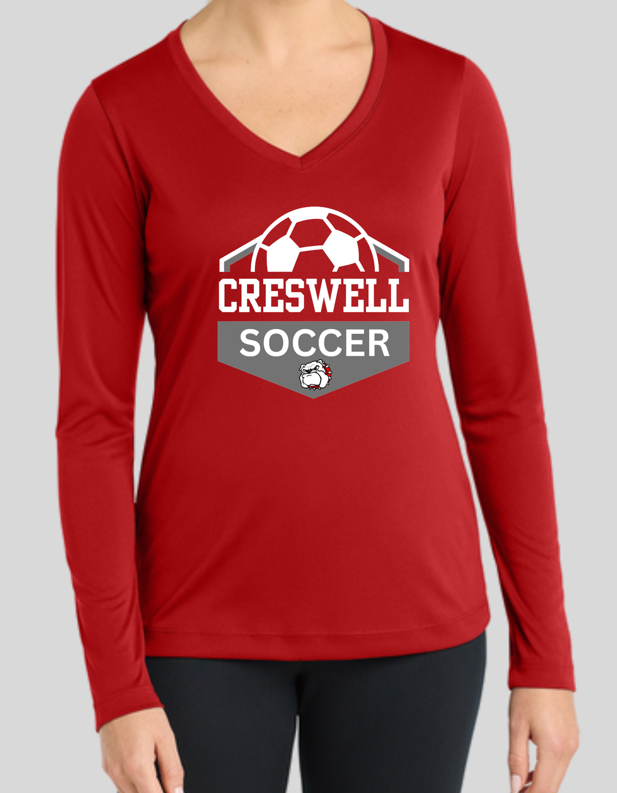 CRESWELL SOCCER-WOMENS LONG SLEEVED COMPETITOR V-NECK RED TEE DESIGN #2