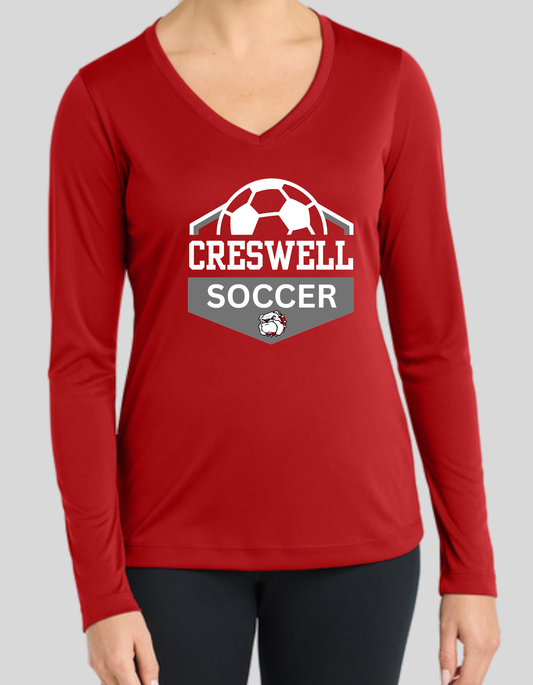 CRESWELL SOCCER-WOMENS LONG SLEEVED COMPETITOR V-NECK RED TEE DESIGN #2