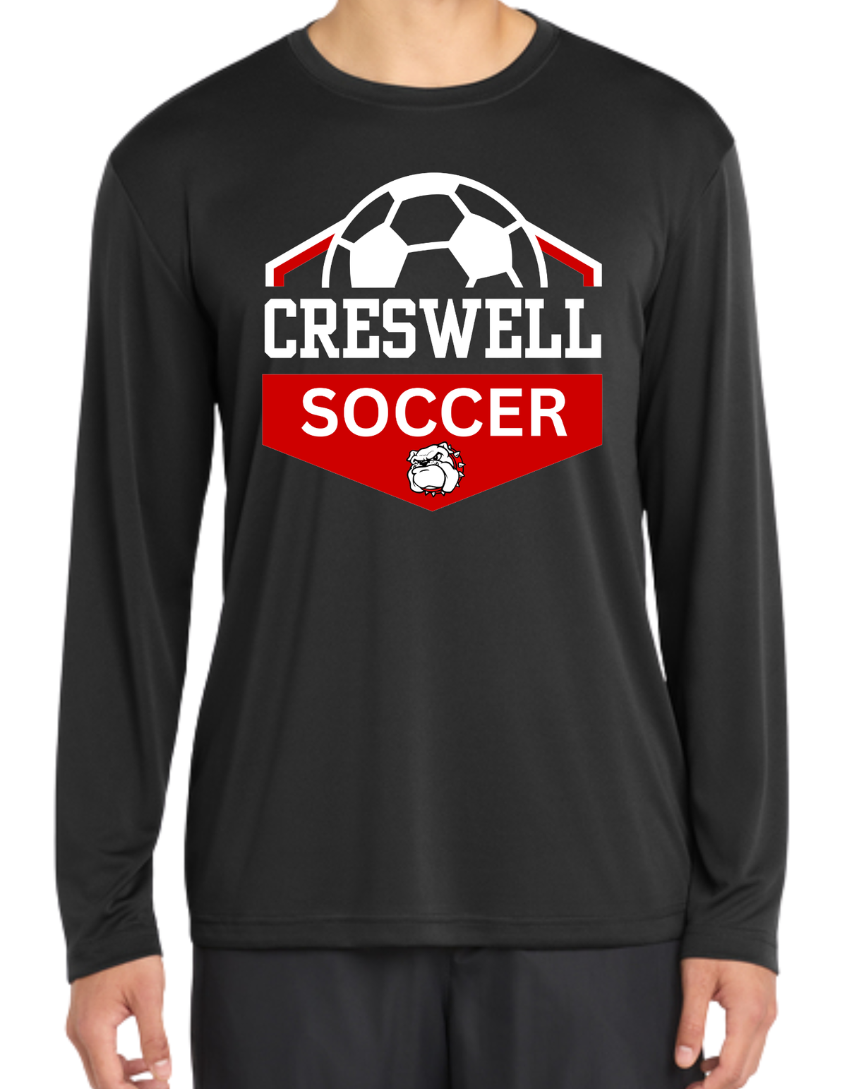 CRESWELL SOCCER-MENS LONG SLEEVED COMPETITOR  BLACK TEE DESIGN #1